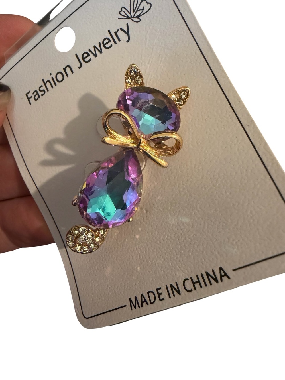 Kitty Cat Brooch with Purple and Teal Iridescent Crystals and Gold Bow